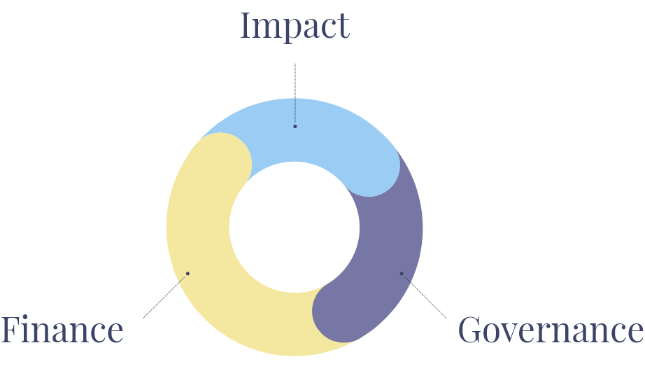 A donut chart showing the three components of the Charizone Framework: Impact, Governance and Finance